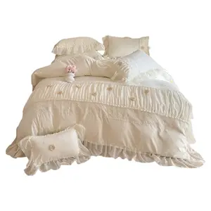 Korean-style Princess-style Pure Cotton Four-Piece Set with Girly Lace Trim and 3D Floral Duvet Cover Bed Sheet and Bedding Luxurious Pink comforter