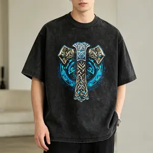 Men's Vintage Washed T-Shirt Celtic Axe Design With Blue Flames Oversized Graphic Tee Outdoor Casual Short Sleeve