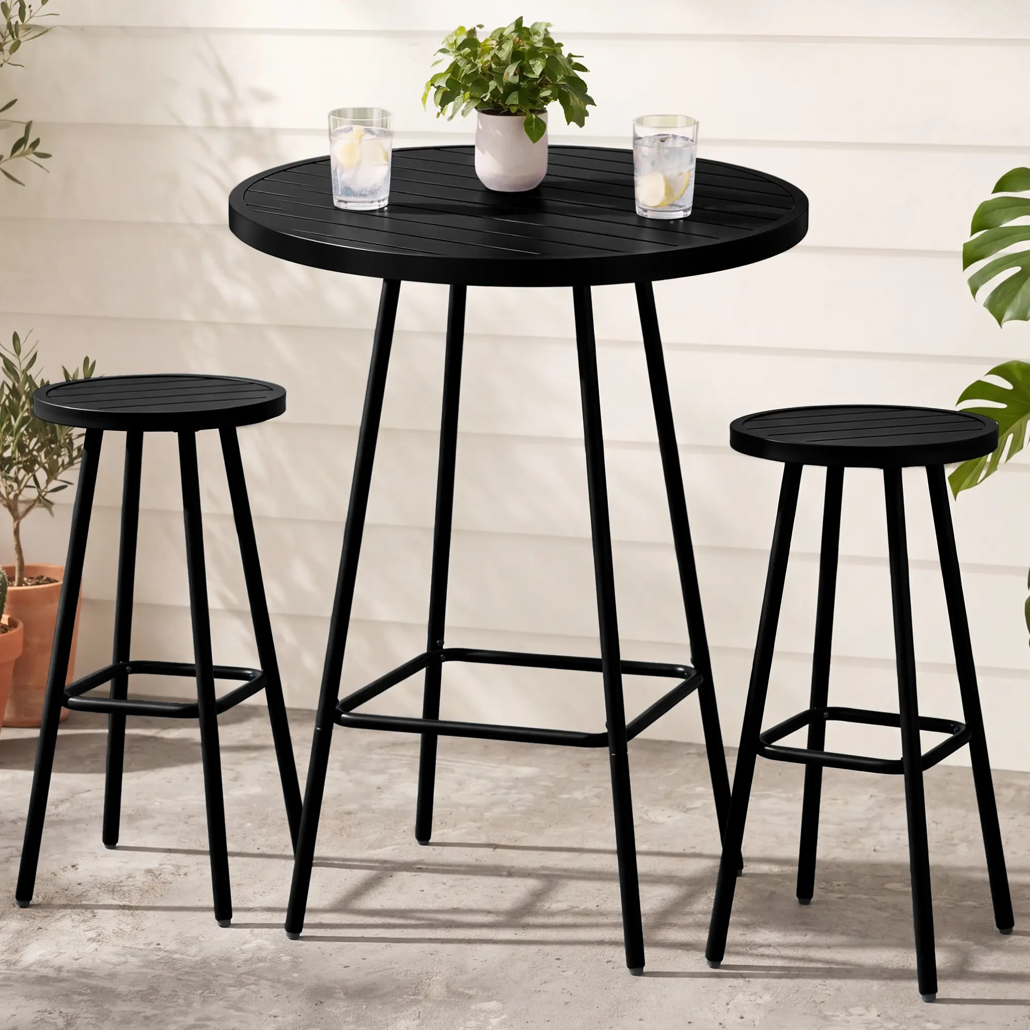 Best Choice Products 3-Piece Steel Patio Bar Height Round Bistro Set w/ Backless Stools, Slatted Design Best Choice Products 3-Piece Steel Patio Bar Height Round Bistro Set w/ Backless Stools, Slatted Design