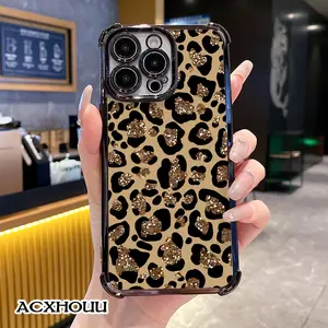 Protective Cover for iPhone 16 E Pro Max 15 Plus 14 13 12 11 XS XR Glitter Leopard Pattern TPU Shockproof Anti-Slip Rugged Durable Softcase