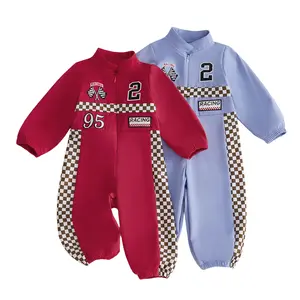 Infant Baby Boy Girl Race Car Driver Costume Long Sleeve Stand Collar Plaid Print Numbers Embroidery Racing Romper 0-18 Months