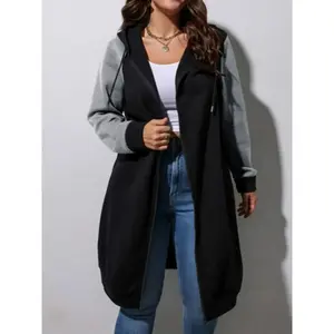 Plus Size Women’s Autumn/Winter Casual Colorblock Hooded Sweatshirt Jacket, Long-Sleeve Drawstring Pullover Coat, Fashionable Outerwear