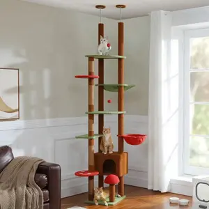 Mushroom Floor to Ceiling Cat Tower Adjustable Height (90.5''-100.4'' = 230cm-252cm) With Condo, Cozy Hammock and Scratching Post, Tall Activity Tree for Indoor Cats, Brown