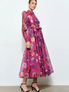 Flora Floral Print Organza Button-Up Midi Dress