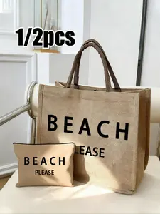 Large Capacity Linen Handbag with Beach Letter Pattern, Portable Shopping Bag, Multifunctional Storage Bag, Perfect Gift for Travel, Shopping, Party, Shopping Basket Bag, Lightweight Beach Bag, Storage Tote Bag