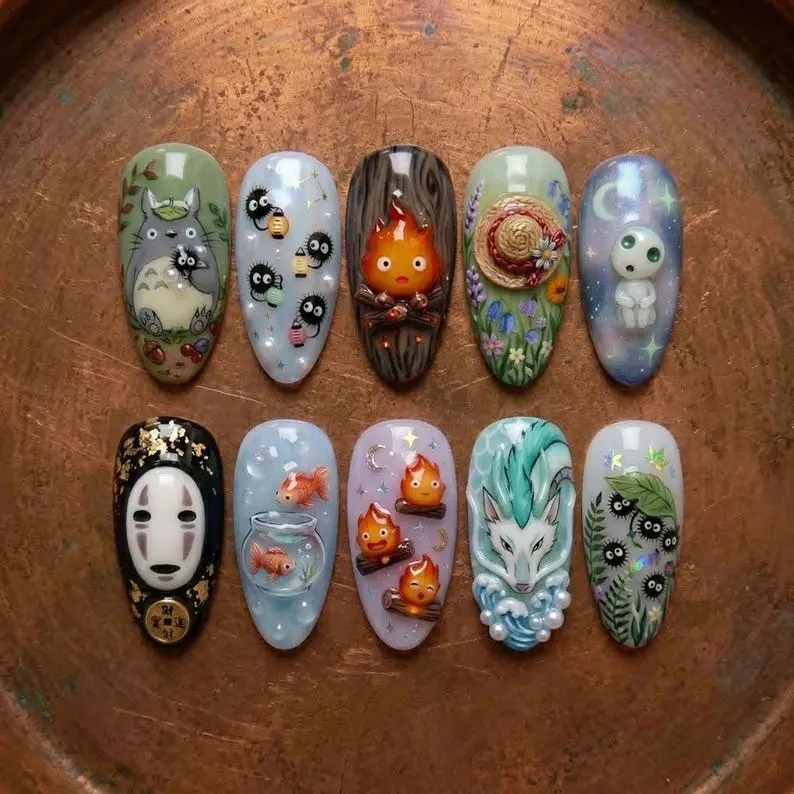 Handmade Studio Ghibli Inspired Press On Nails, Totoro Calcifer No Face Haku Anime Nail Art, Kawaii Fantasy Almond Fake Nails