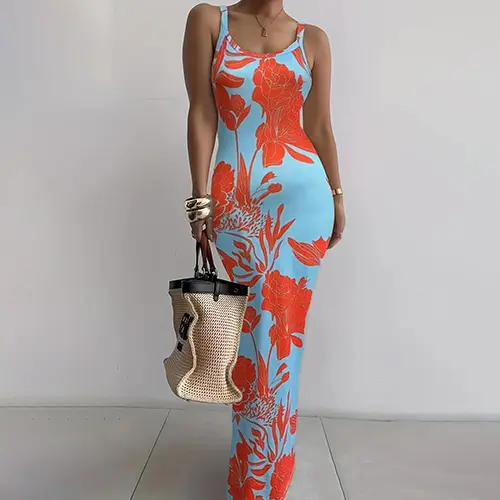 navy blue dress for baby girl Elegant women's floral print bodycon maxi dress, polyester knitted fabric,  women's round neck sleeveless maxi dress,