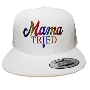 Mama Tried Mesh Adjustable Holographic Vinyl Transfer Flat Bill Trucker Hat Cap White