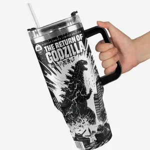 Godzilla 40oz Insulated Tumbler with Handle & Straw - Leak-Proof Stainless Steel Vacuum Flask - Cool Monster Gift for Fans & Coffee Lovers