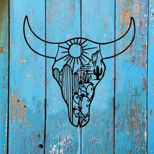 1 Piece Art Deco Style Metal Cow Skull Wall Sculpture, Bohemian Floral Desert Longhorn Wall Decor for Home Office, Living Room, Bedroom, Nursery, and Housewarming Gift. Wall - mounted Sculpture Decoration