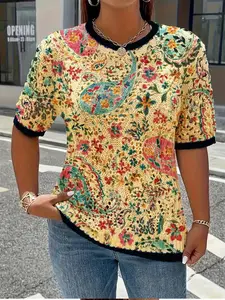 Women's Spring Summer New Paisley Floral Print Round Neck Short Sleeve Knit Sweater, Knitwear, Casual Breathable, Commuter Wear, All Seasons