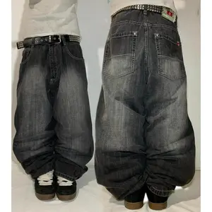 Gothic Fashion New Black Solid Color Washed Old Casual Jeans Men Y2K Streetwear Vintage Popular High Waist Baggy Wide-leg Pants