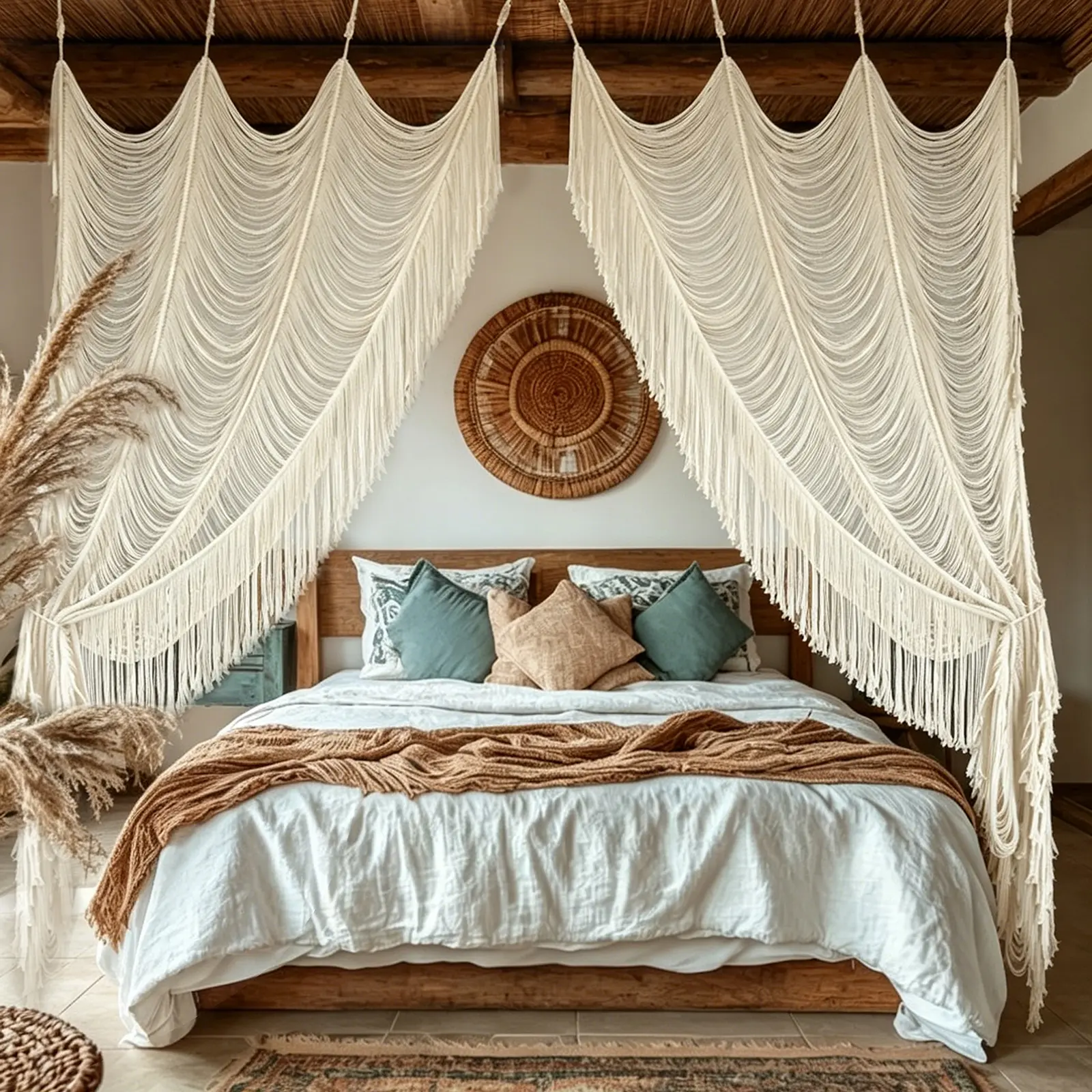 Boho Cream Tassel Fringe Curtains | Aesthetic Room Decor Wave Swag Valance for Bedroom & Living Room