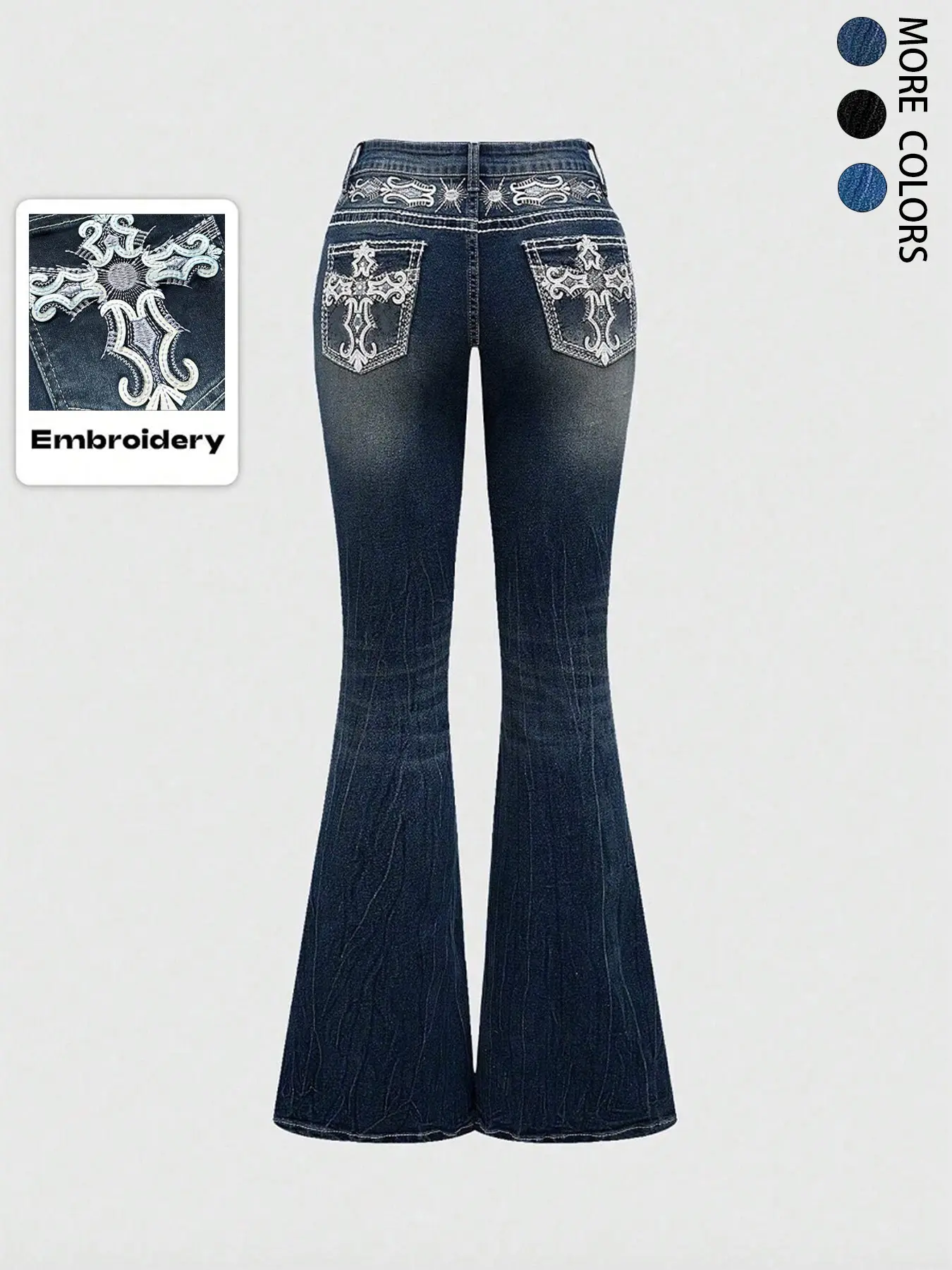 Grunge Punk Y2K Retro Embroidery Pocket Cross Embroidered Casual Flare Leg Fitted Stretch Jeans for Women Grunge Punk Y2K Retro Embroidery Pocket Cross Embroidered Casual Flare Leg Fitted Stretch Jeans for Women