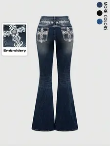 Grunge Punk Y2K Retro Poket Cross Wings Embroidered Flare Leg Fitted Stretch Jeans For Women,Bootcut Jeans