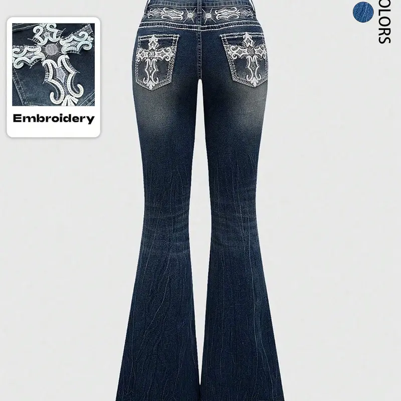 【Black Friday】Women's Grunge Punk Y2K Retro Stretch Jeans, Casual Fitted Flared-Leg Design with Cross-Embroidered Pockets