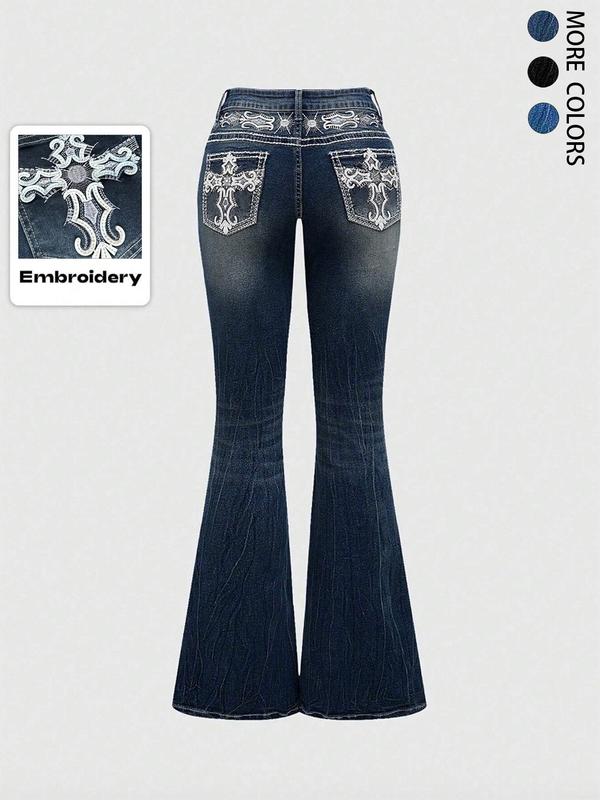 Grunge Punk Y2K Retro Poket Cross Wings Embroidered Flare Leg Fitted Stretch Jeans For Women,Bootcut Jeans
