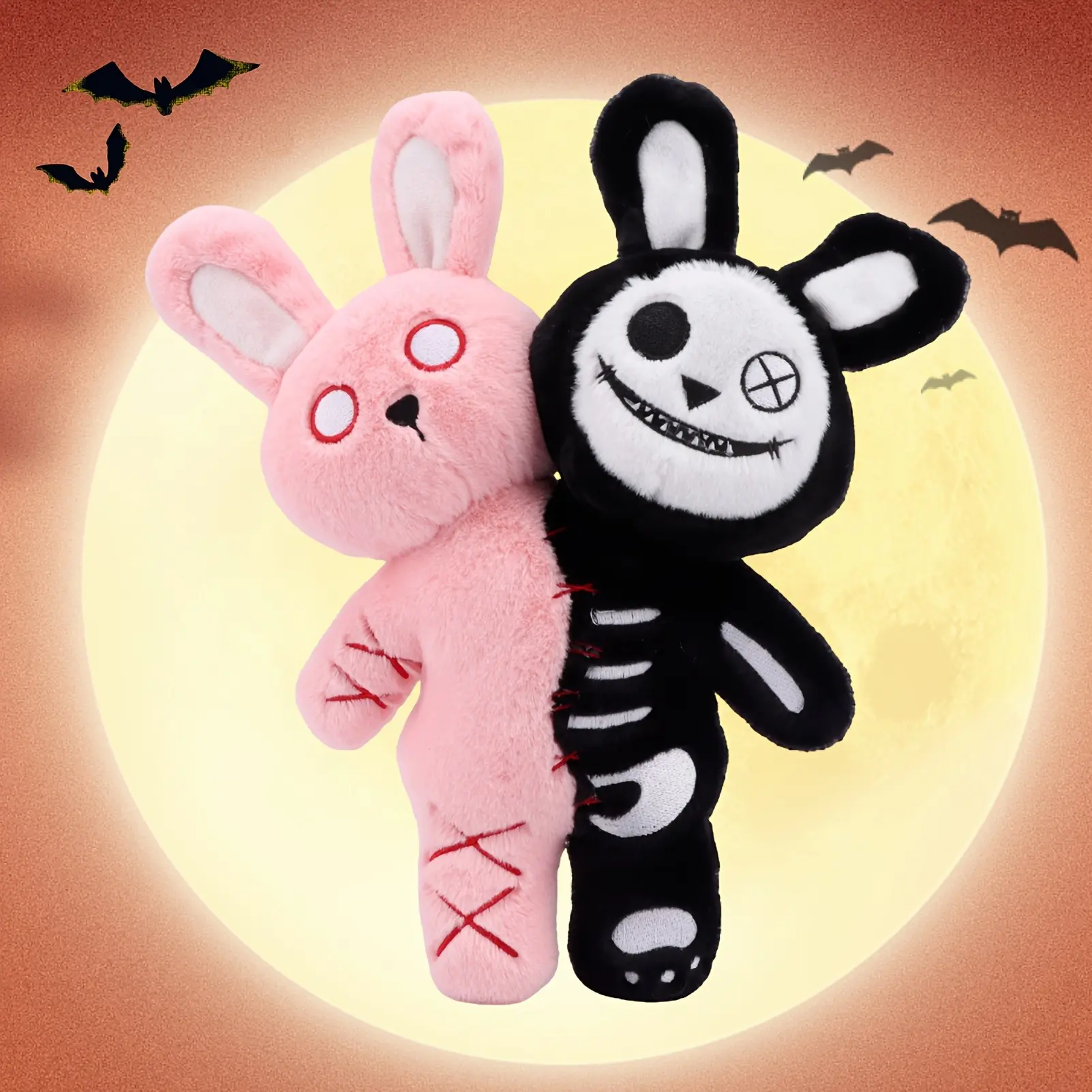 Split Design Bunny Plush Toy, Skeleton Patch Rabbit Stuffed Doll, Gothic Stitched Rabbit Plushie for Halloween Decor Gift