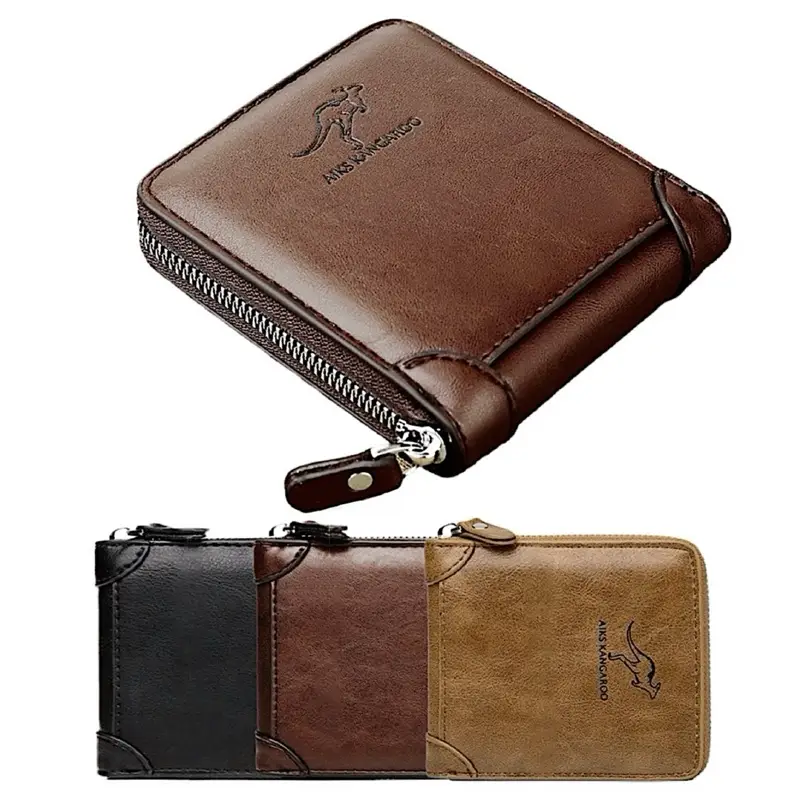 Men's Leather RFID Blocking Waterproof Zip-Around Wallet Bifold Credit Card ID Holder with Coin Pouch