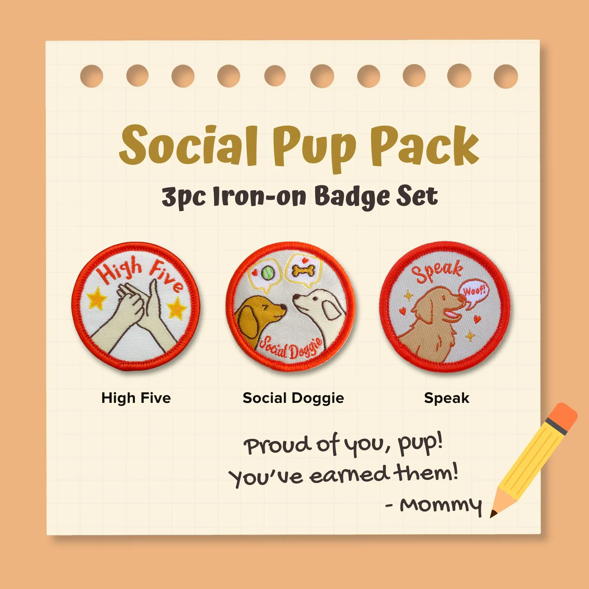 Dog Merit Badge Social Pup Pack – 3 Iron-On Patches, Friendly Dog Training Reward, Dog Parent Gift
