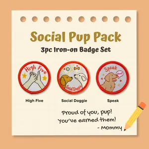 Dog Merit Badge Social Pup Pack – 3 Iron-On Patches, Friendly Dog Training Reward, Dog Parent Gift