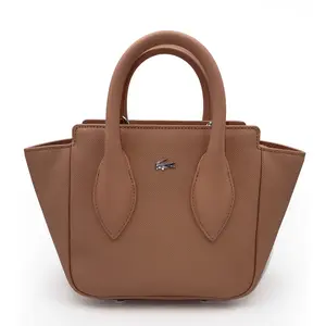 Lacoste NF4959DZ Small Structured Tote Iconic Croc Top Handle Style Brown Leather Handbag