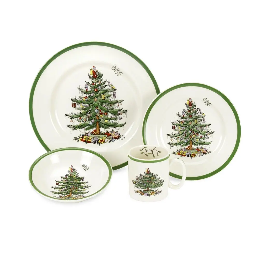 Spode Classic Christmas Tree 4-Piece Dinnerware Setting - Fine Earthenware Holiday Tableware with Reusable Dinner Plates, Bowls, Mug - Dishwasher & Microwave Safe