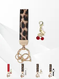 Fashion Car Keychain with Cherry Letter Accessory, Leopard Pattern Keychain Lanyard, Anti-Loss Key Ring, Simple Key Chain Gift for Family Friends
