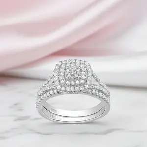 2Pcs Round Diamond Option Halo Engagement Ring Set