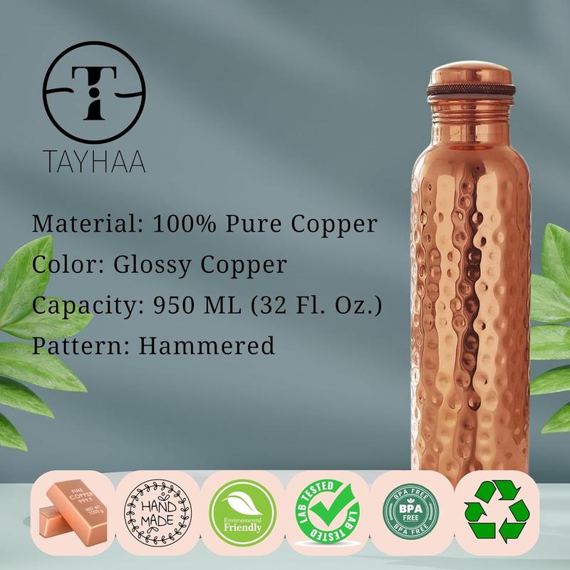 Pure Copper Water Bottle - 32 oz - Indian Handmade Copper Bottle for Drinking Water at Travel, Hiking, Gym, Office, Outdoor - Normal Finish