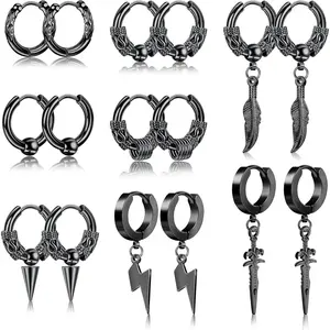 MILACOLATO 8Pairs Surgical Stainless Steel Hypoallergenic Punk Hip Hop Cool Goth Earrings Black Silver Huggie Hoop Earrings for Men Women Vintage Feather Drop Dangle Earrings Set Daily