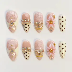 White lace nails/Yellow press on nails long almond nails/Elegant nails/3D Gel Nails/Gold Chrome Nails/bangle nails/Summer Birthday nails