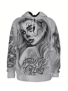 Men’s 3D Chicano Hoodie with “Laugh Cry Move On” Full-Body Tattoo Print – Urban Streetwear, Pouch Pocket & Drawstring Hood, Machine Washable Fall/Winter Casual Sweatshirt for Daily Wear, Work, Outdoors & Vacation Polyester Fiber Material
