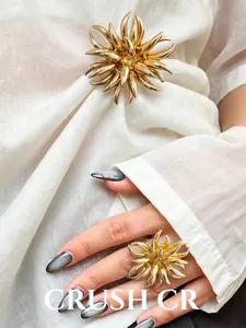 CRUSH CR Avant-Garde 3D Flame Statement Ring & Brooch, Gold/Silver Plated Sculptural Design, Bold Architectural Jewelry for Women, Ideal for High-Fashion Outfits, Photoshoots and Runway-Inspired Styling