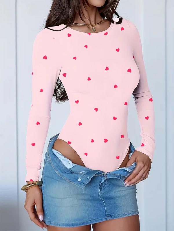 2026 Spring/Autumn New Women's Warm Bodycon Long Sleeve Top, Pink Heart Print Bodysuit with Round Neck, High Elasticity Slim-Fit Jumpsuit - Machine Washable, Suitable for Casual and Formal Occasions, Shaping Base Layer, Daily Wear Valentine's Day