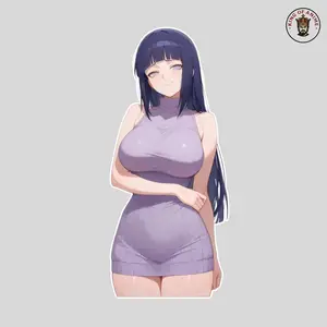 Hinata Waifu Vinyl Sticker, Cute Anime Girl in Tight Purple Dress, Kawaii Laptop Decor, Water Bottle and Car Anime Decal