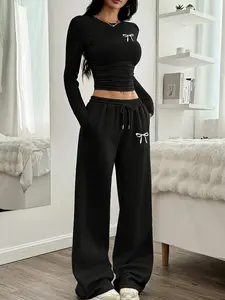 Y2K School Youth Bow Tie Set, Back-To-School Sweet Cool Design, Two-Piece with Ruched Top and Wide Leg Pants, All Seasons