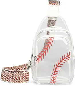 Clear Bag for Stadium Approved Women Crossbody Bag, Baseball Print Crossbody Purses Wide Guitar Strap Chest Sling Purse