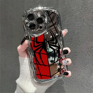 Phone Cases -A Protective Case for a Phone Featuring a Double Spider Web Design in Red And White, Made from Electroplated Cream Material. It Is Compatible with iPhone Models 16, 15, 14, 13, 12, And 11 Pro Max