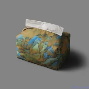 Chinese Style Tea Ceremony Tissue Box Cover, Cotton Linen Cloth Napkin Holder with Artistic Print, Reusable Decorative Organizer for Living Room, Office, Bedroom, Desk, or Gift outdoorfun