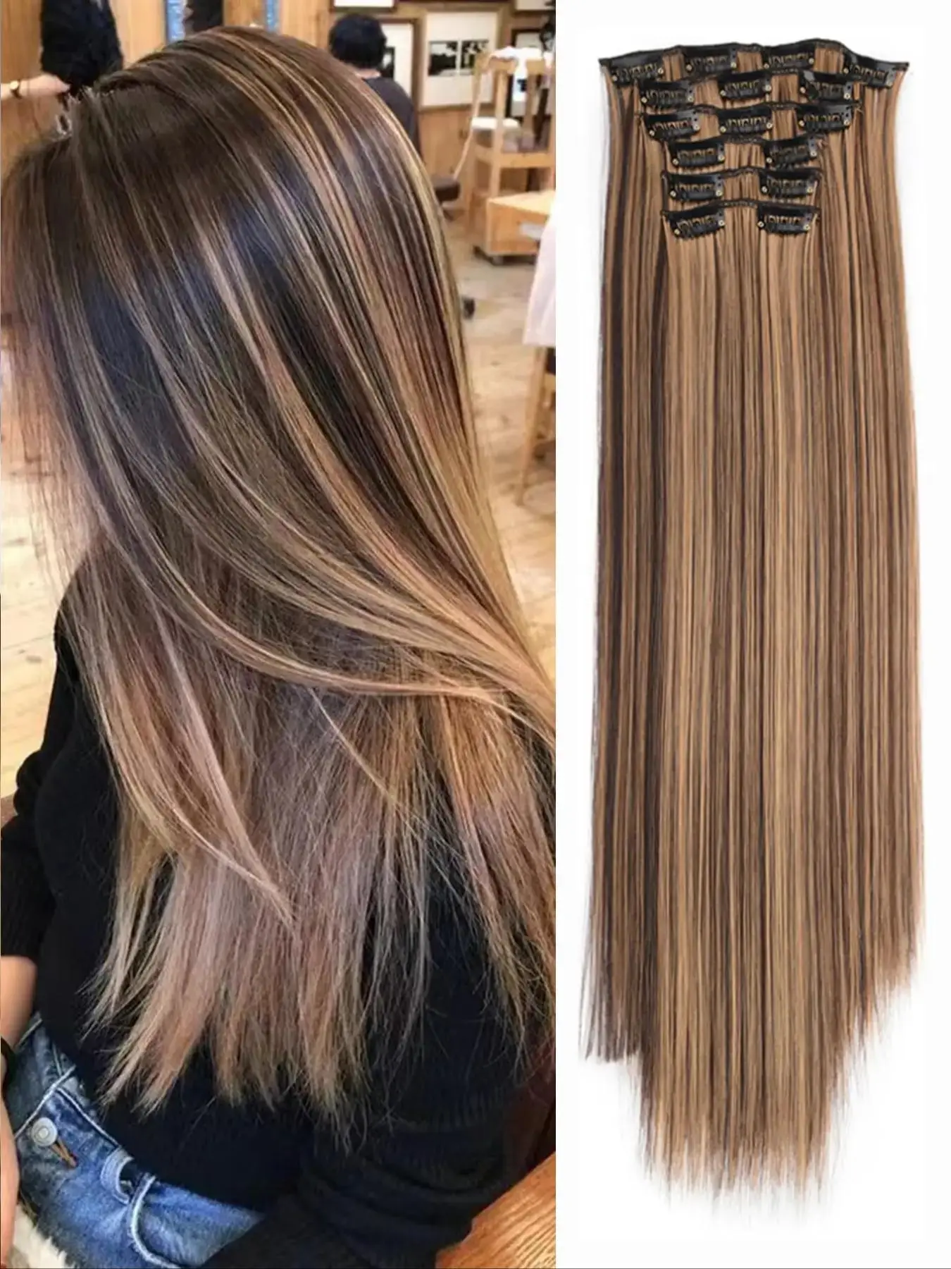 24 Inch 2024 Natural Plain Long Straight Synthetic Hair Extension, 6 Counts Clip-in Hair Extensions, Summer Trendy Matching Natural Wig Piece for Part
