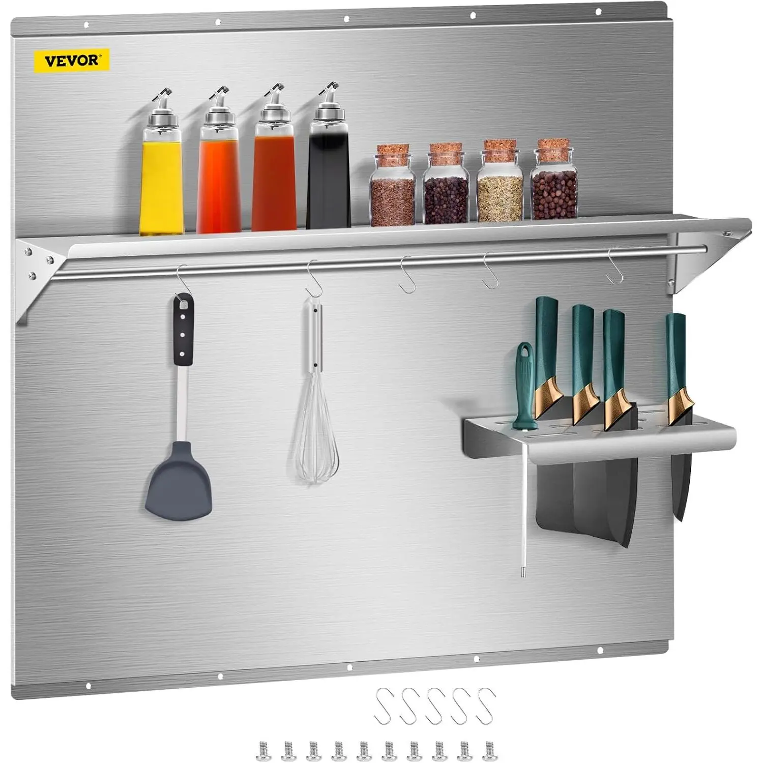 Spring new arrivals Range Backsplash with Shelf 30 x 30.7 Inch Range Hood Wall Shield, Stainless Steel Backsplash Silver Splash Plate for Range Hood Stainless Backsplash with Built-in Storage Shelf and Hanging Rack