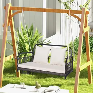 Vallmore 2-Person Wicker Hanging Porch Swing with Cushions, 880 lbs X-Frame Loveseat with Hemp Ropes & Hooks, PE Rattan Swing Bench for Front Porch, Balcony, Garden, Backyard (Mix Brown, Mix Gray)