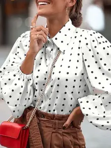 Women's Polka Dot Loose Button Shirt, Long Sleeve, Button Down Blouse, Casual Daily Commute Wear, Comfortable Fit, Perfect for Everyday Use, Stylish Ladies' Blouse