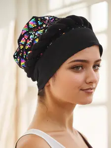 1pc Sequined Knotted Headscarf Cap, Trendy Simple Style Wrap Hat, Perfect for Parties Dates and Fashionable