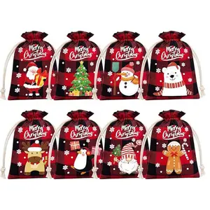 Christmas Themed Drawstring Gift Bag, 8 Counts/set Reusable Cookie Candy Party Favors Gift Bag, Holiday Party Gift Bag for Home Festival