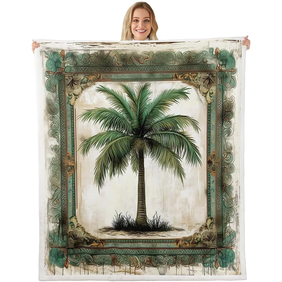 Coconut Tree Blankets,Green Palm Tree Throw Blanket Woman Men Room Decor,Tropical Plants Fleece Blanket Rustic Farmhouse Light Brown Sherpa Blanket,for Chair/Sofa