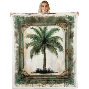 Coconut Tree Blankets,Green Palm Tree Throw Blanket Woman Men Room Decor,Tropical Plants Fleece Blanket Rustic Farmhouse Light Brown Sherpa Blanket,for Chair/Sofa