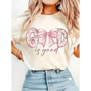 [100% Cotton] 1pc Women's Vintage Christian "God Is Good" Bible Verse T-Shirt with Floral Bow Design, Soft Round Neck Short Sleeve, Machine Washable Beige Casual Top for Mother's Day, Father's Day & All Festivals  Golf Gift T-Shirt For Men and Women