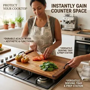 Garvee Superior Acacia Wood Stove Cover Pasta Board with Handles – Extra Thick 30x22" Cutting Board for Gas & Electric Stovetops – Rustic Wooden Basin Cover Cold Cuts Tray – Ideal for Kitchen RV